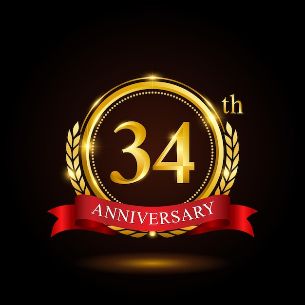 34th golden anniversary template design with shiny ring and red ribbon laurel wreath isolated on black background logo vector