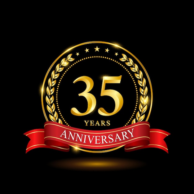 35 Years Anniversary template design with shiny ring and red ribbon laurel wreath isolated on black background logo vector