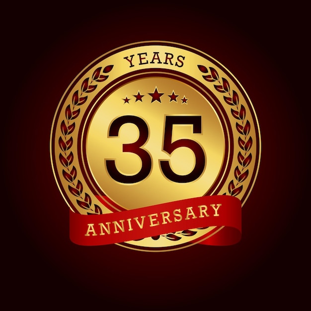 35 years anniversary with a golden circle and red ribbon in a dark red background