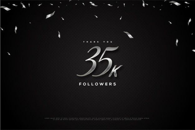 35k followers with black and white paper rain illustration.