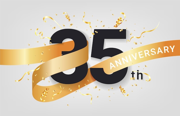 35th Anniversary celebration banner template. Big numbers with sparkles golden confetti and glitters ribbon.