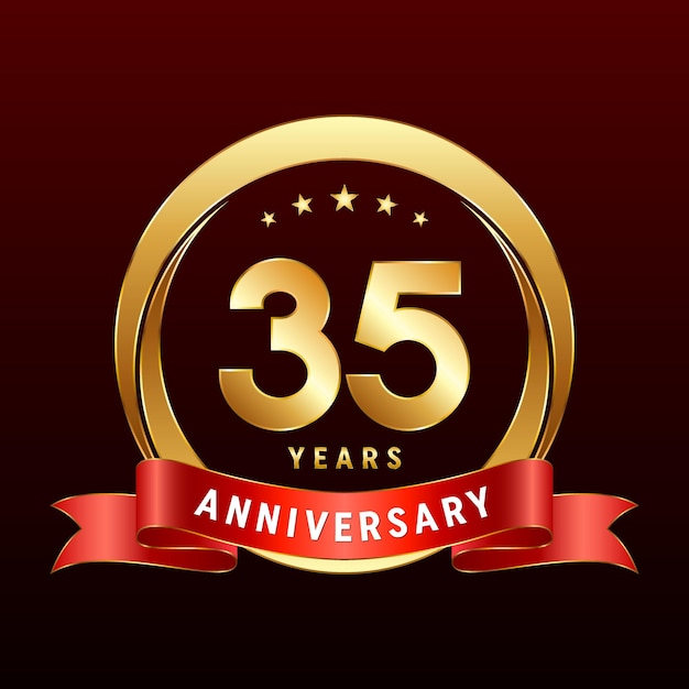 35th Anniversary logo design with golden ring and red ribbon Logo Vector Template Illustration