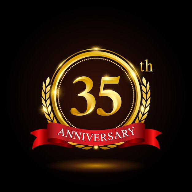 35th golden anniversary template design with shiny ring and red ribbon laurel wreath isolated on black background logo vector