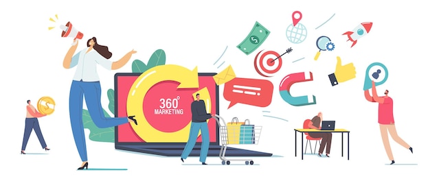 360 Degree Marketing Concept. Tiny Male and Female Characters at Huge Laptop with Turning Arrow. Manager Attract Clients use Advertising Yell to Megaphone, People Shopping. Cartoon Vector Illustration