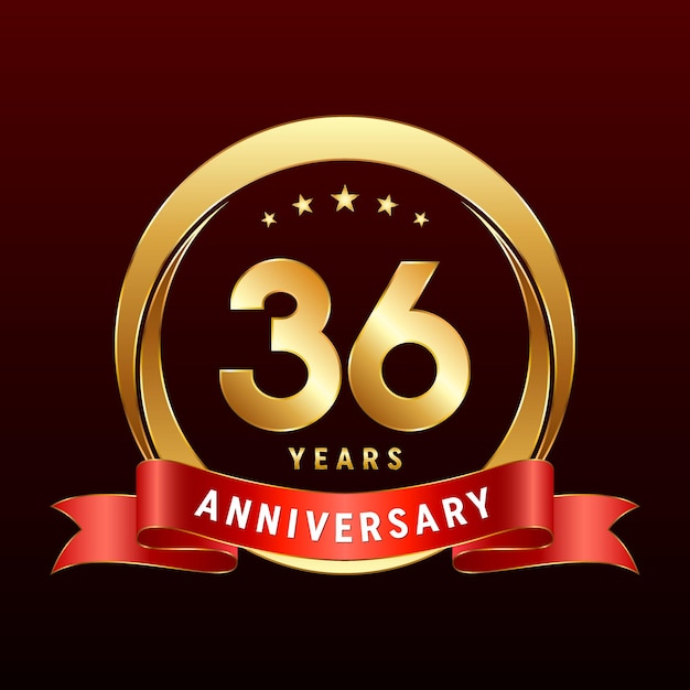 36th Anniversary logo design with golden ring and red ribbon Logo Vector Template Illustration