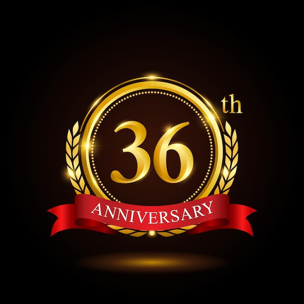 36th golden anniversary template design with shiny ring and red ribbon laurel wreath isolated on black background logo vector