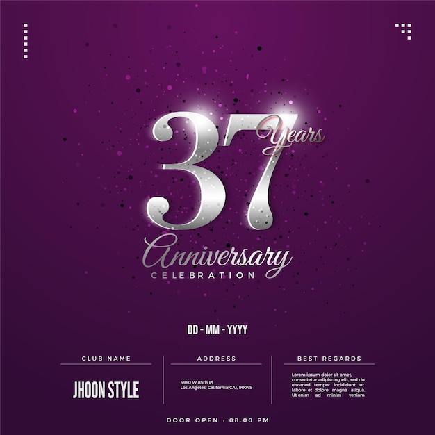 37th anniversary celebration poster with silver numbers with light effect.