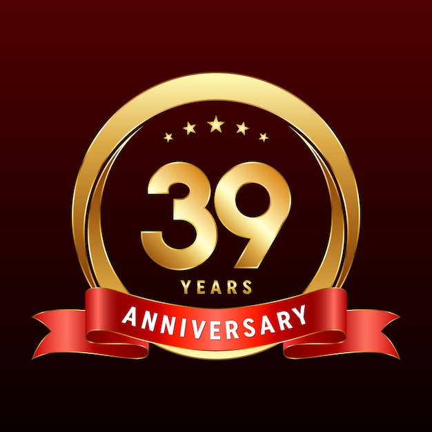 39th Anniversary logo design with golden ring and red ribbon Logo Vector Template Illustration