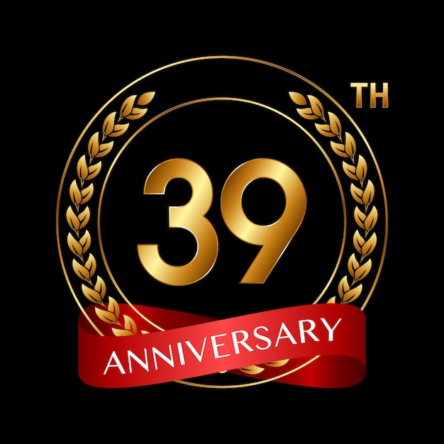 39th Anniversary Logo Design with Laurel Wreath and Red Ribbon Logo Vector Illustration