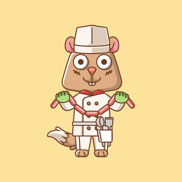 3Cute squirrel chef cook serve food animal chibi character mascot icon line art style illustration