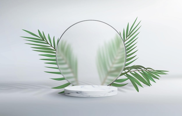 3d abstract background with marble pedestal. Round frosted glass frame with plumber's sheets. 