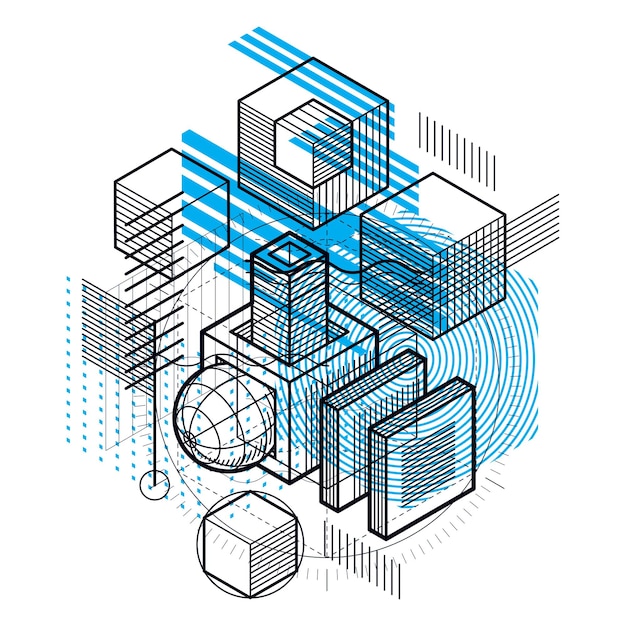 3d abstract vector isometric background. Layout of cubes, hexagons, squares, rectangles and different abstract elements.