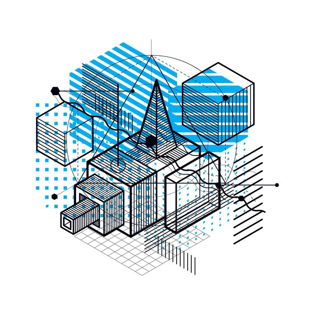 Vector 3d abstract vector isometric background. layout of cubes, hexagons, squares, rectangles and different abstract elements.