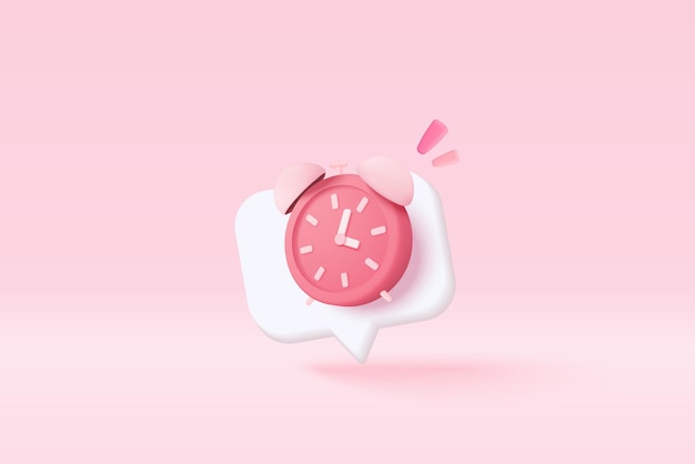 3d alarm clock on pastel pink background Pink watch minimal design concept of time 3d clock vector rendering in isolated pink background