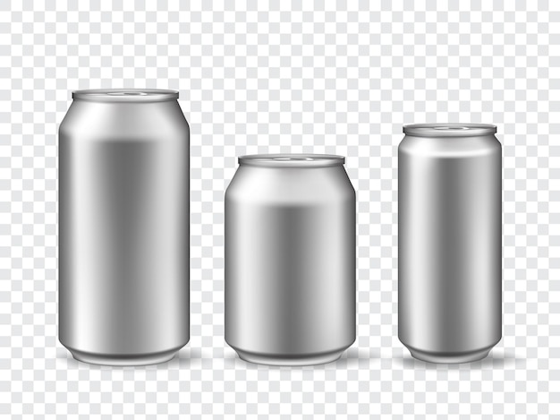 3d aluminum cans. Realistic can mockups in 3 size. Metallic tin for beer, juice, soda drink or lemonade. Canned beverage vector template set. Metal steel bank, aluminum packaging illustration