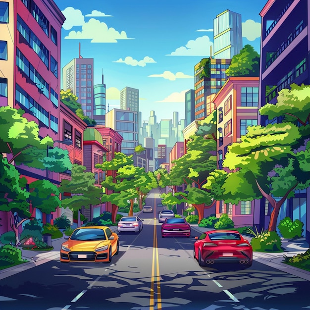 3D Animation Style Free vector City scene with landscape car and building background