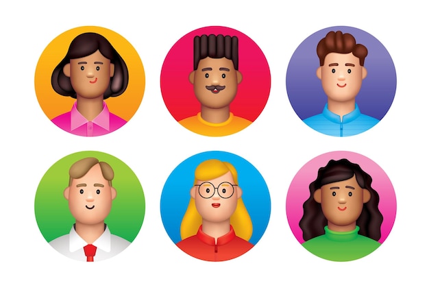 3D avatars in squares. Avatars set of diverse adult characters in three dimensional style.