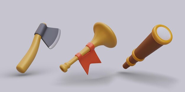 Vector 3d axe bugle with red flag spyglass game illustrations in cartoon style