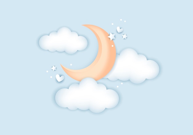 3d baby shower moon with clouds for kids design in pastel colors