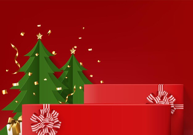 3d background gift box with red bow display product for Christmas. Product display background vector 3d rendering with minimal podium studio. stand for cosmetic on red gift box in new year day