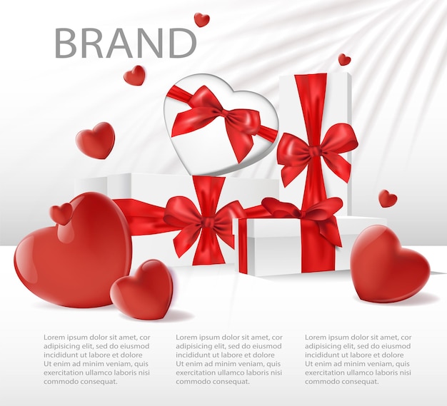 3d background products of the Valentine's catwalk of love with red hearts and gift boxes