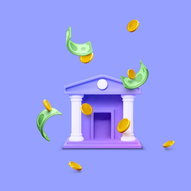 3d bank building and falling coins and paper currency 3d realistic bank icon isolated on purple Money transaction or savings concept Vector illustration