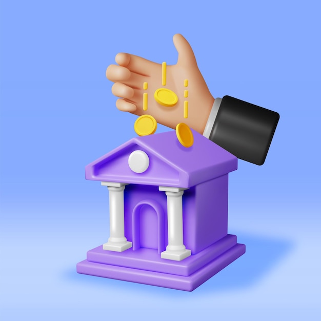 3D Bank Building and Hand with Coin