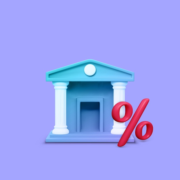 3D bank building in purple color and red percent symbol Interest rate on bank deposit Vector illustration