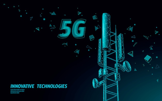 3d base station receiver. telecommunication tower 5g polygonal design global connection information transmitter. Mobile radio antenna cellular illustration