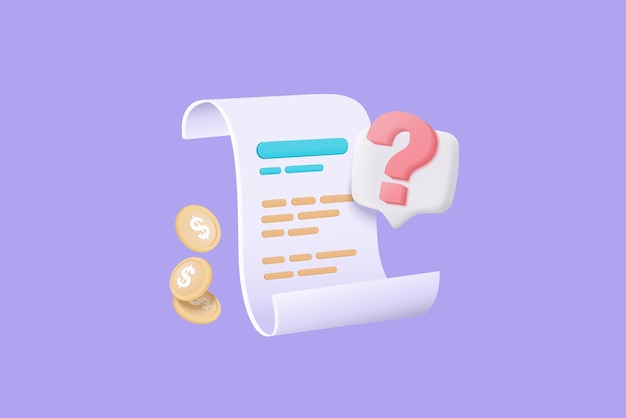 3D bill for payment transaction with money coin Business invoice bill expenses idea with question mark sign or ask FAQ and QA answer solution information concept 3d icon vector render illustration