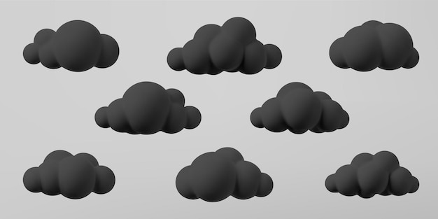 3d black clouds set isolated on a grey background. Render soft cartoon fluffy black clouds icon, dark dust or smoke. 3d geometric shapes vector illustration.