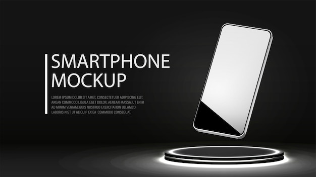 3d black and white glossy smartphone on the podium with neon halogen lamps A web banner with a mockup phone on the platform