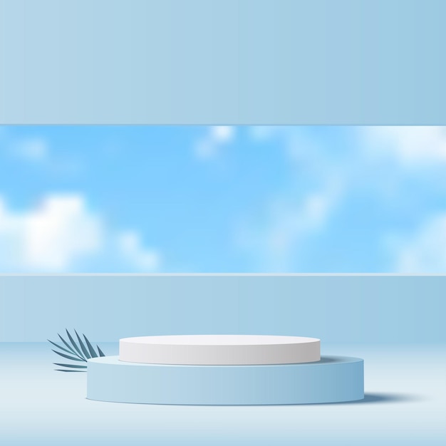 Vector 3d blue color podium and minimal blue sky scene vector