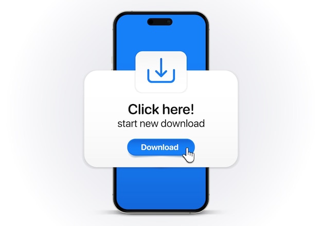 3D blue download button popup bubble icon with smartphone. Upload icon Down arrow bottom side symbol