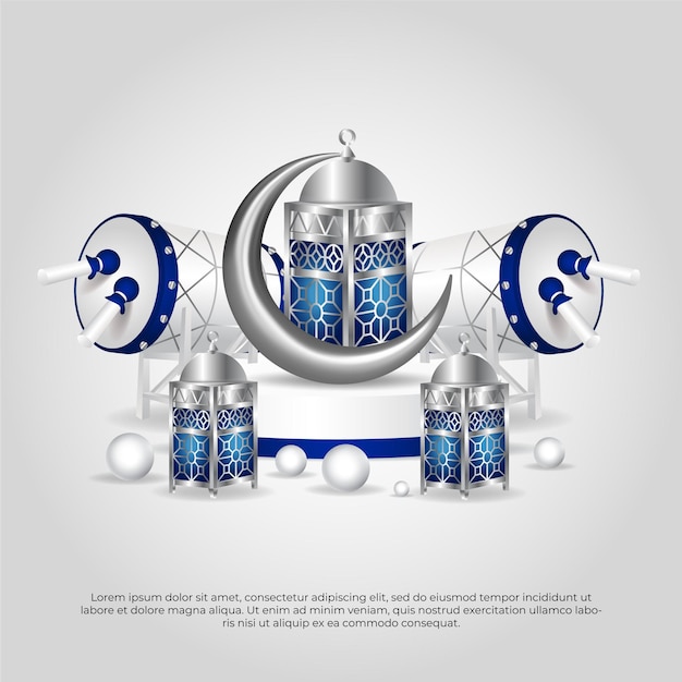 3d blue Eid al adha mubarak beautiful islamic moon lamp drum vector design