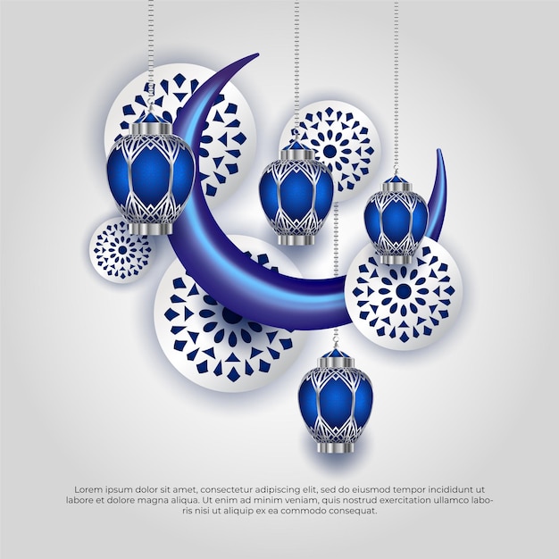 3d blue Eid al adha mubarak beautiful islamic moon lamp and mandala vector background