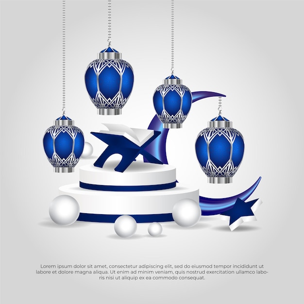 3d blue Eid al adha mubarak beautiful islamic quran lamp star and moon vector design