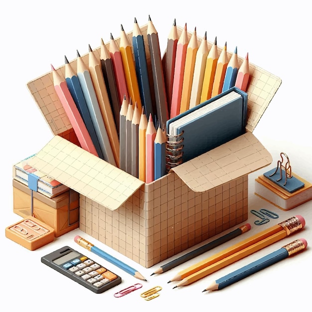 3d box of pencils and notebooks vector illustration