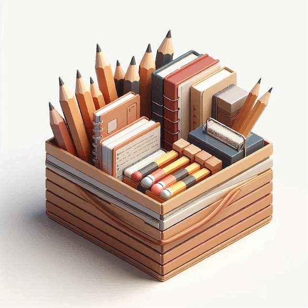 3d box of pencils and notebooks vector illustration