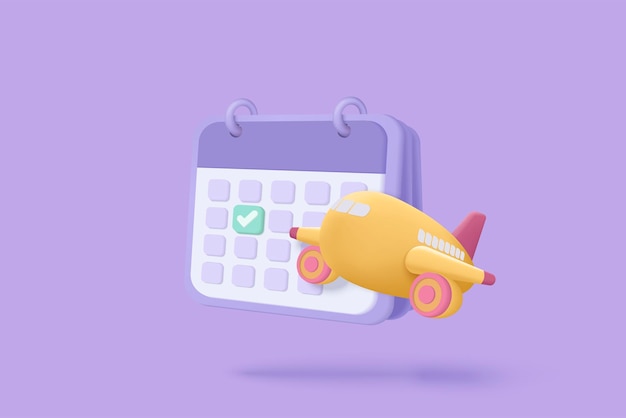 Vector 3d calendar marked date for booking ticket plane day on travel holiday calendar with mark for schedule appointment event day holiday planning concept 3d flight airplane vector render illustration