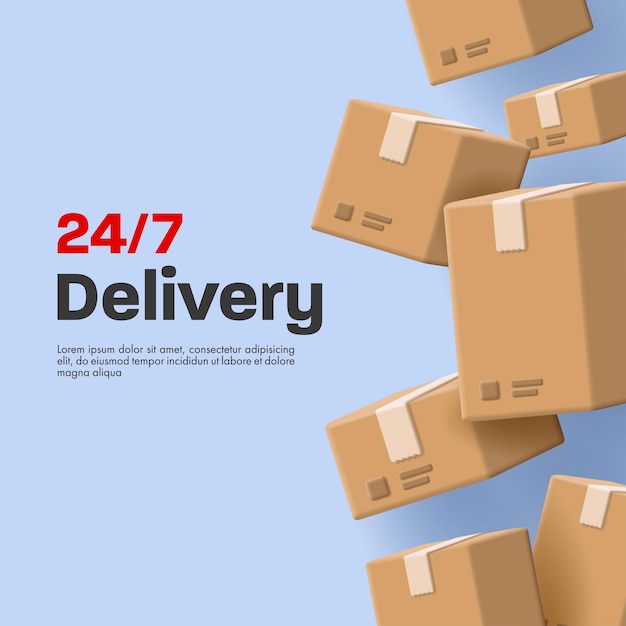 3D carton boxes icons with symbols flying in the air with 24 7 delivery promo shipment poster or flyer