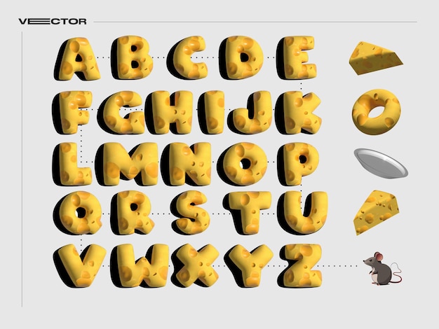 Vector 3d cartoon cheese alphabet vector set realistic cheese block donut plate mouse