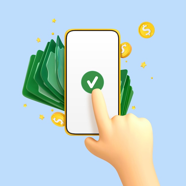 3D cartoon finger touching screen of smartphone with coins and dollar bills Online payment concept Mobile wallet application Banking app Transfer money via smartphone Vector 3d illustration