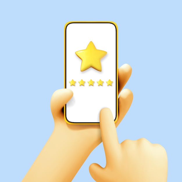 3D cartoon hand holding smartphone with a fivestar rating isolated on blue background Customer Satisfaction concept People give vote review results Vector 3d illustration