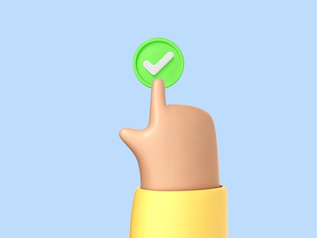 3D cartoon hand presses green button with check mark Accepting agree concept Finger selects successful correct answer Vector 3d illustration