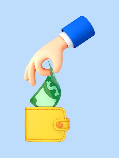 3D cartoon hand putting dollar bill in wallet isolated on blue background Vector 3d illustration