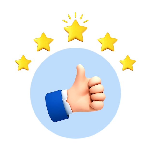 3D cartoon hand thumb up for success or good feedback Five star rating Positive concept and like symbol Customer review rating and client feedback concept Vector 3d illustration