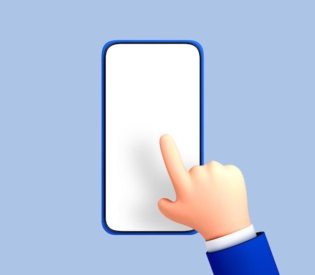 3D cartoon hand using smartphone isolated on blue background Touching screen with finger Hand using mobile phone mockup Vector 3d illustration