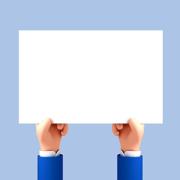 3D cartoon hands holding empty sign board White empty sheet of paper in hands Promotion or sale concept Vector 3d illustration