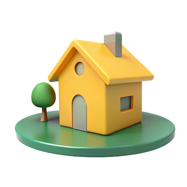 Vector 3d cartoon house with tree on green circle